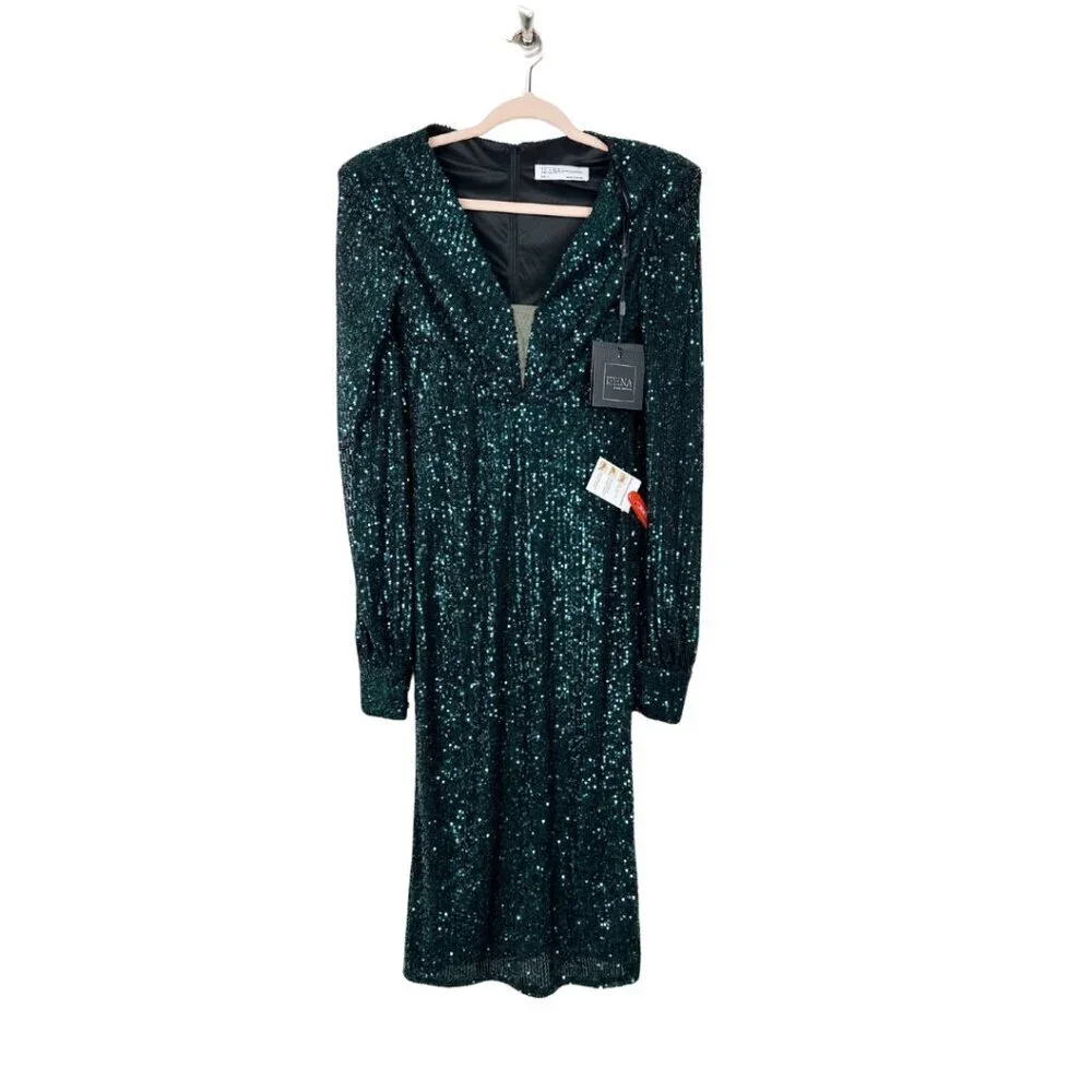 NWT Mac Duggal Sequined Structured Bishop Sleeve Midi Dress Black Emerald #8480